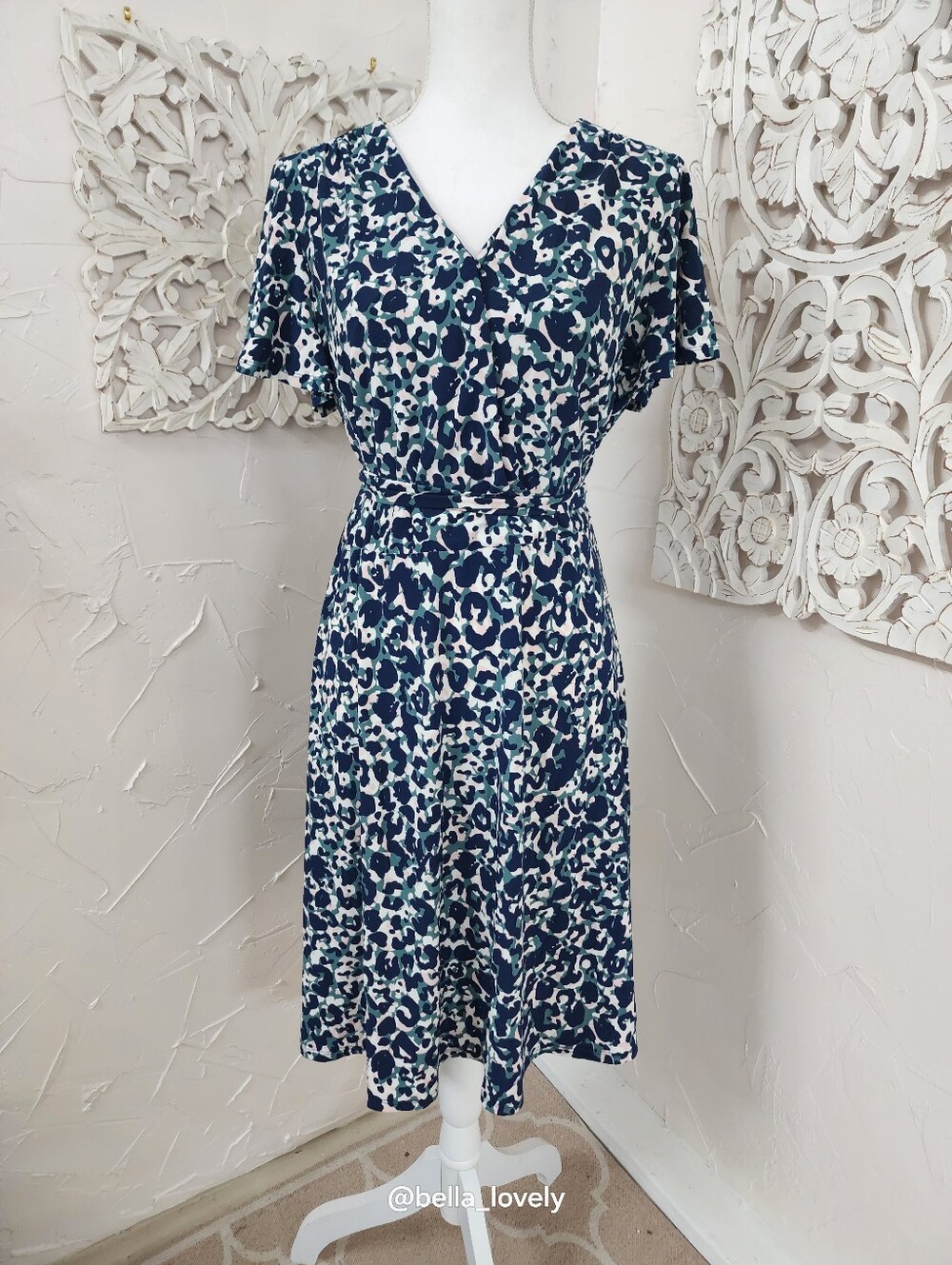 Navy, White and Teal Printed Wrap-Style Midi Dress